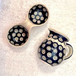 Boleslawiec Pottery Nature Peacock Cobalt Blue Creamer condiment dish Poland set